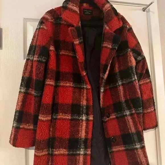 LOVE TREE BURNED ORANGE PLAID TEDDY SHERPA COAT - Picture 6 of 7